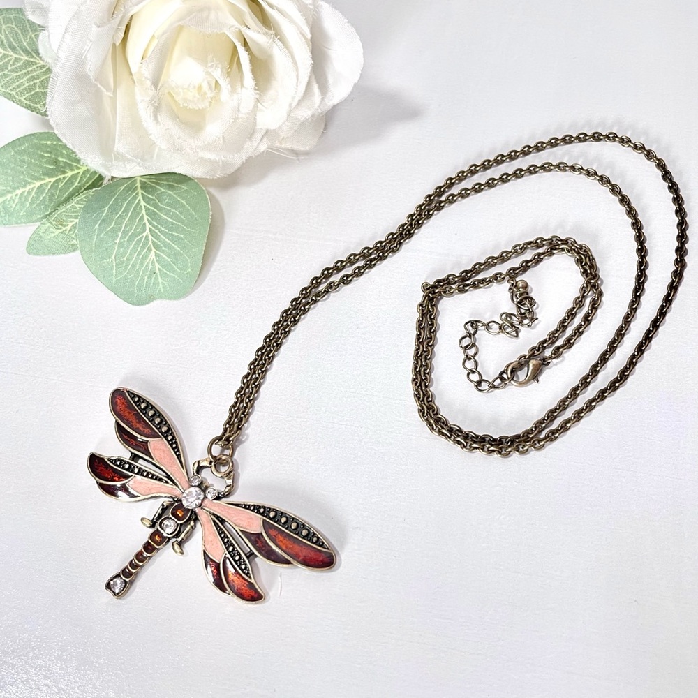 4/$20 Red Amber enamel white rhinestone dragonfly necklace